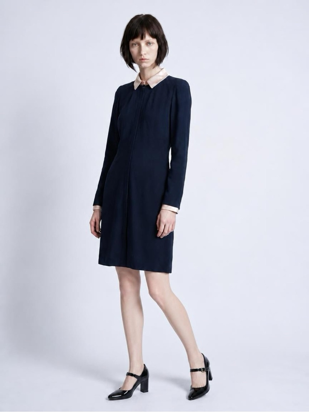 CHANEL Black Long-Sleeve Shift Dress with Cream Contrast Collar w/Chanel hanger
